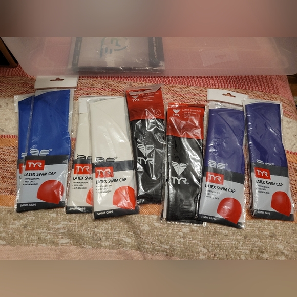 TYR Latex Swim Cap 8-Pack Solid Royal Blue Purple White Black - New in Package - Picture 1 of 1